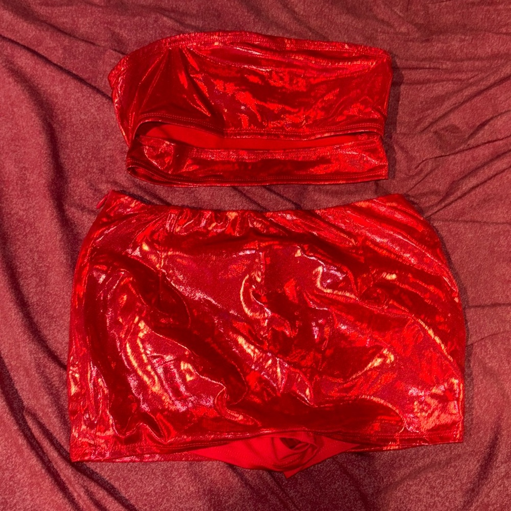 Red halo two piece, skort and tube top